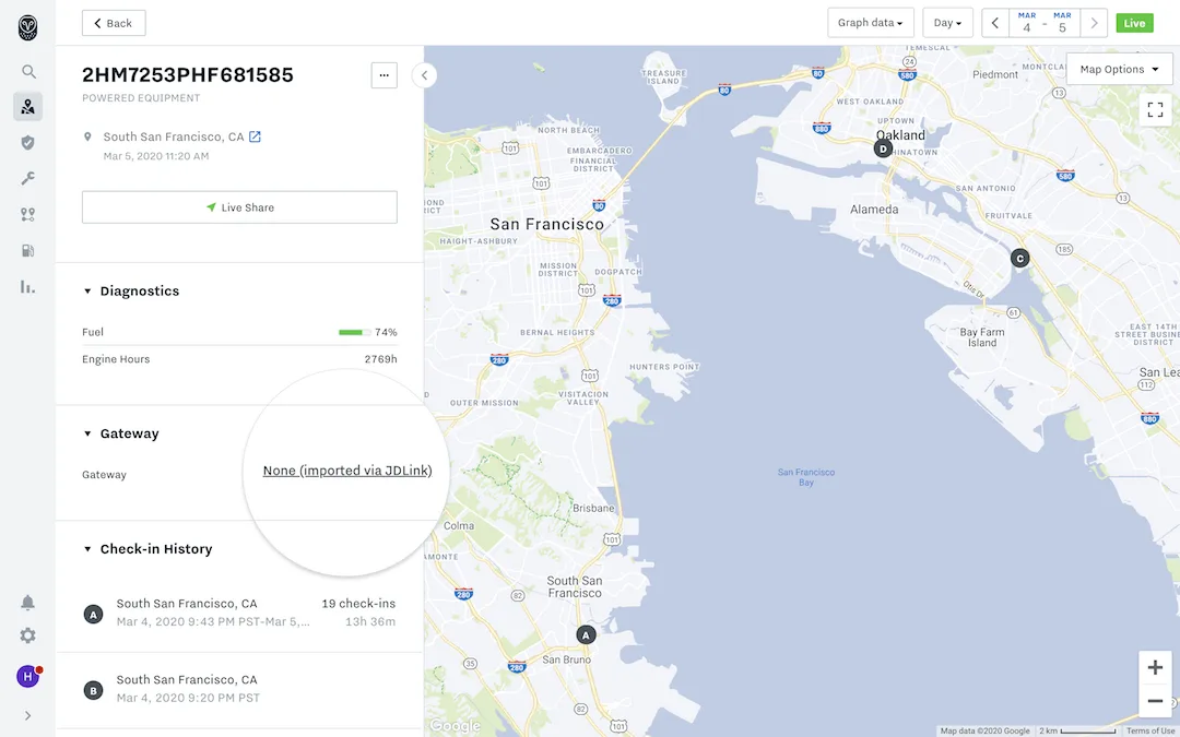 Samsara Dashboard for Heavy Equipment with JDLink integration