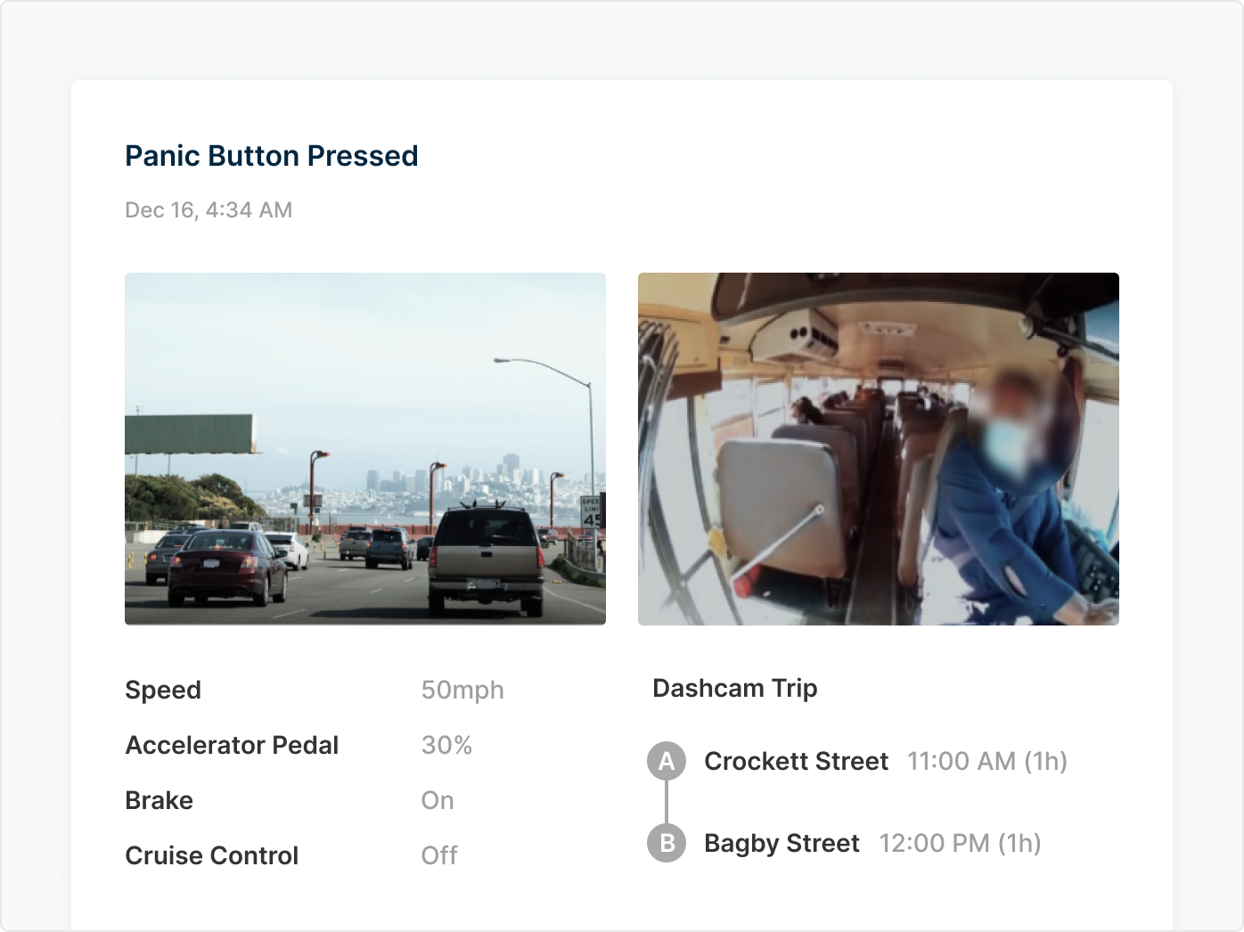 Vehicle safety alert showing highway driving and interior bus camera footage with trip details and "Panic Button Pressed"