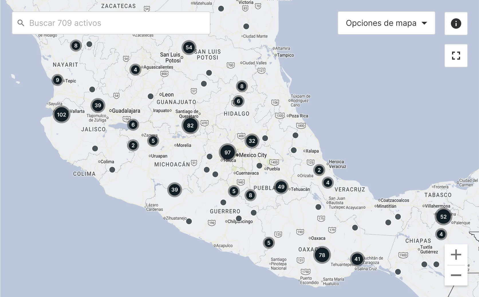 Mapa de Google con marcadores negros numerados distribuidos en estados del Medio Oeste de EE. UU., mostrando 709 activos.