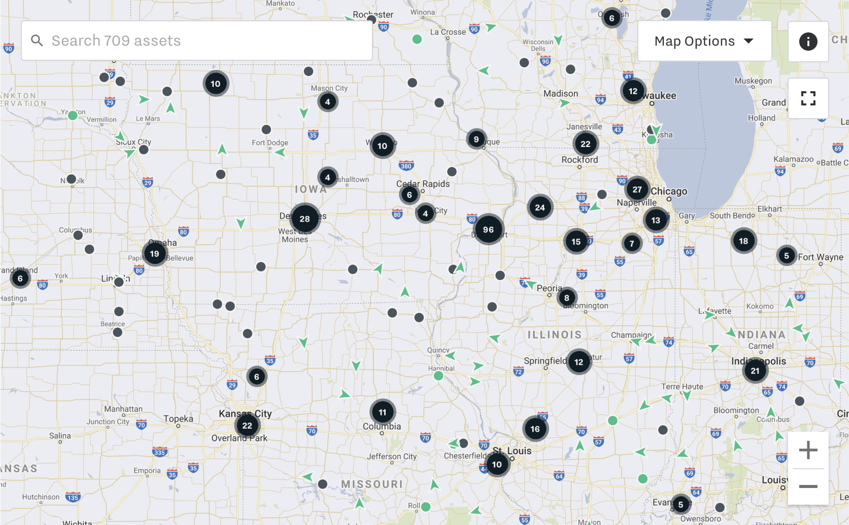 Google Map of the Midwest US showing 709 assets marked with numbered black pins across multiple states.