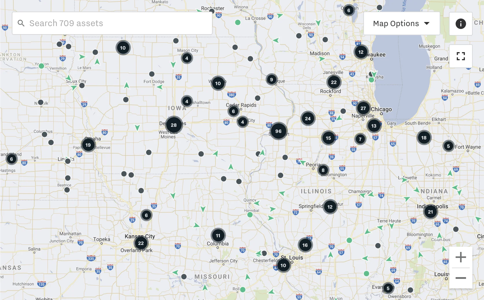 Google Map of the Midwest US showing 709 assets marked with numbered black pins across multiple states.
