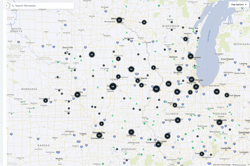 Google Map of the Midwest US showing 709 assets marked with numbered black pins across multiple states.
