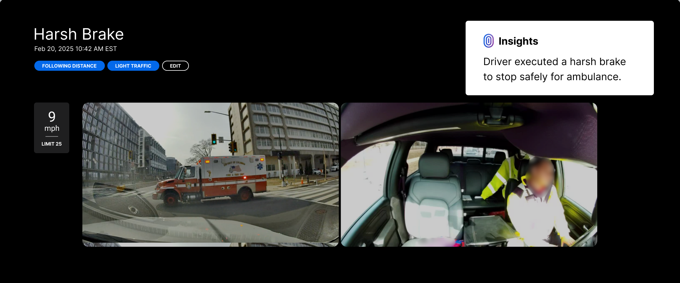 Safety Inbox image showing a harsh braking event.