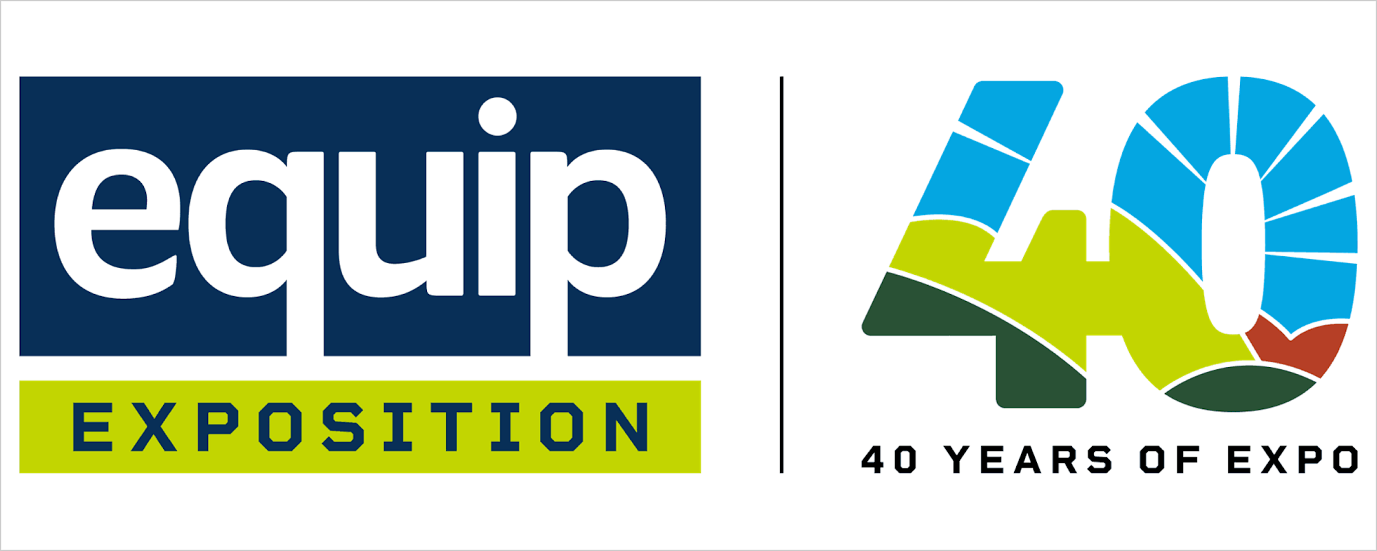 Equip Exposition logo alongside a colorful 40th anniversary emblem celebrating 40 Years of Expo.