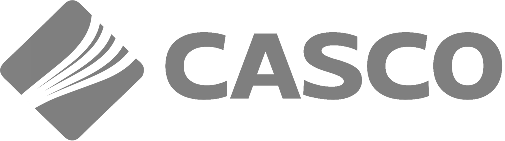 Casco logo in gray, featuring bold text and an abstract icon of a paint brush with motion lines.