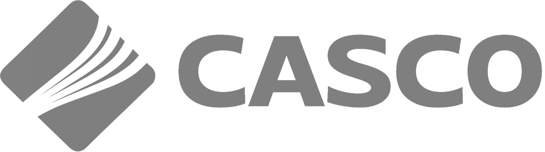Casco logo in gray, featuring bold text and an abstract icon of a paint brush with motion lines.