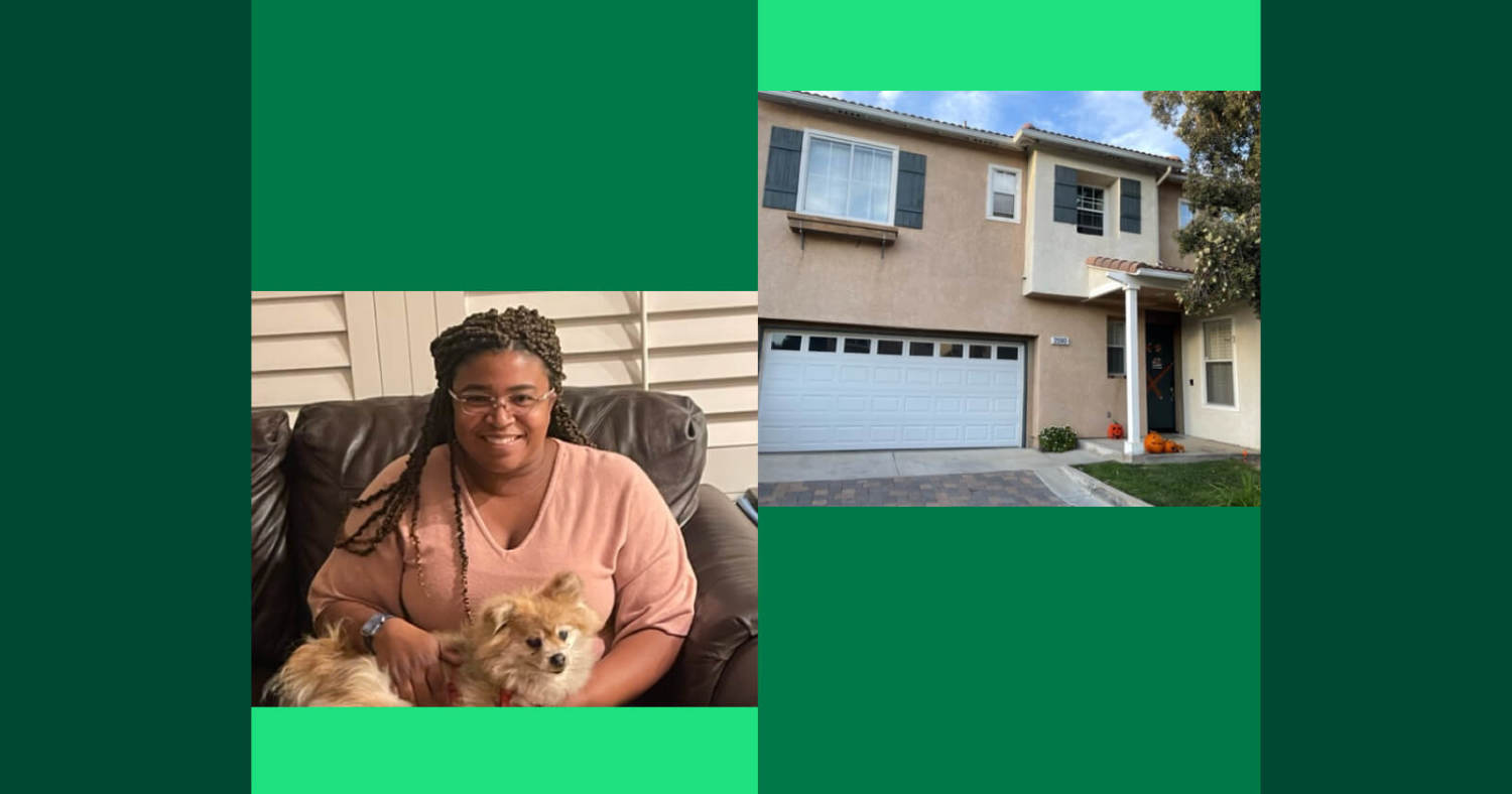 Abstract Green Squares of Various Shades and a Photo of Taisha Johnson and Her Home Funded by Better Mortgage