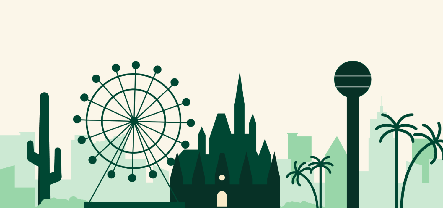 Green Graphic of Skyline Featuring a Series of Different Structures Including a Ferris Wheel and Church