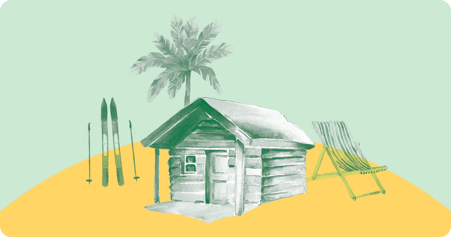"Vacation home with skis, palm tree and beach chair