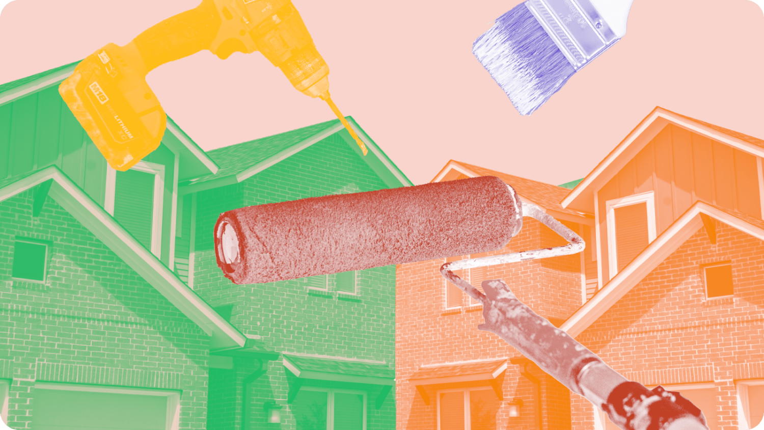 "Image of colored homes with paint brush, roller, and drill