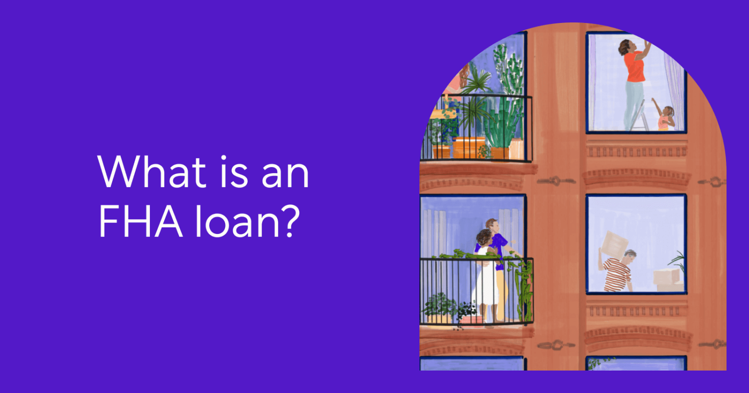 Purple Graphic with an Illustration Within of a Building with Balconies and People with Text that Reads: What is an FHA Loan?
