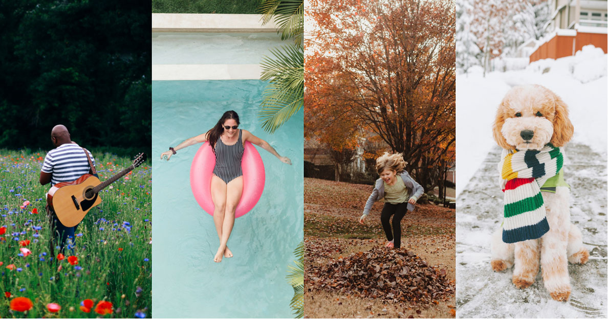 One Image Split Into Four Different Images Depicting the Four Seasons: Spring, Summer, Fall, Winter