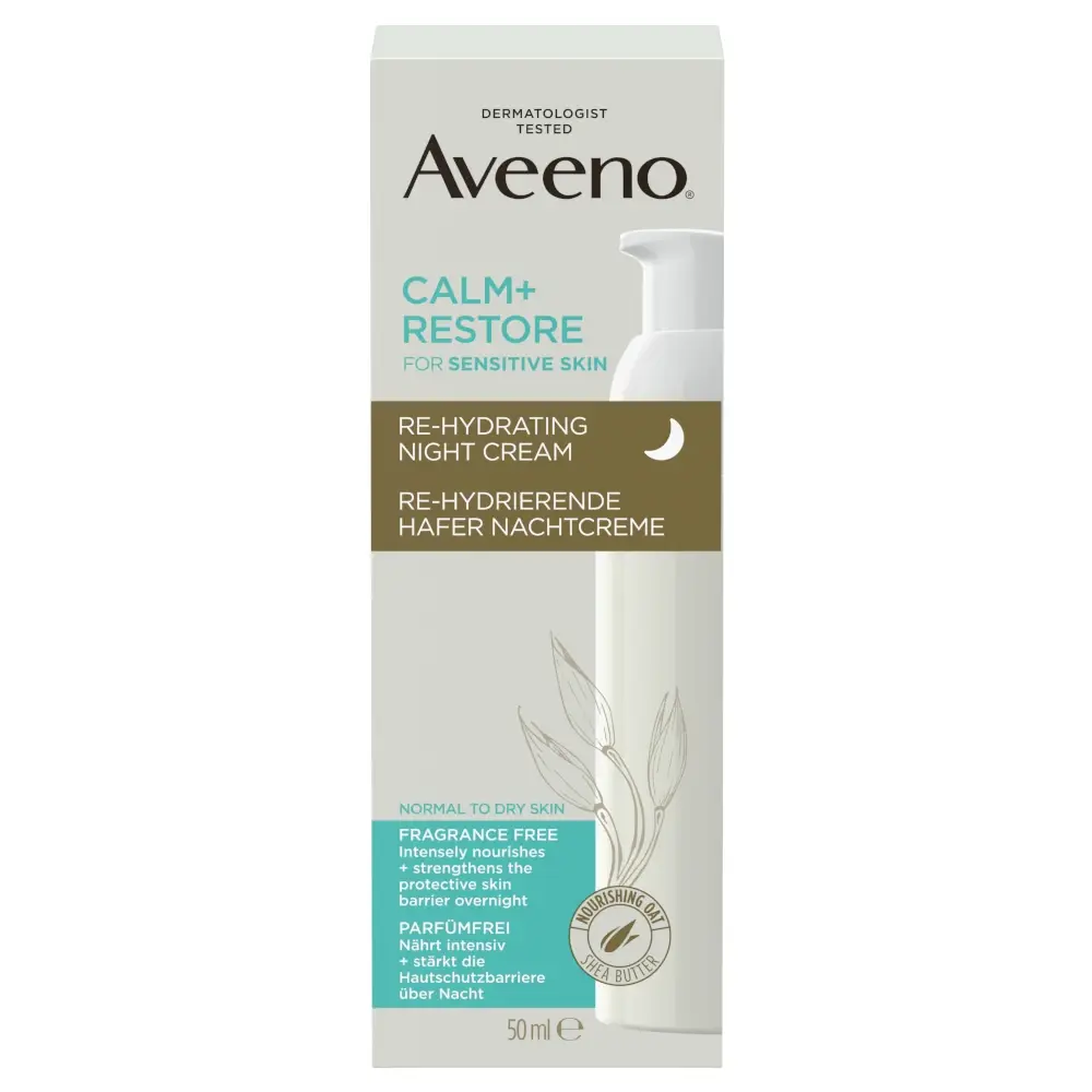 Aveeno® Calm+Restore™ Rehydratačný nočný krém s ovsom – Predná strana obalu