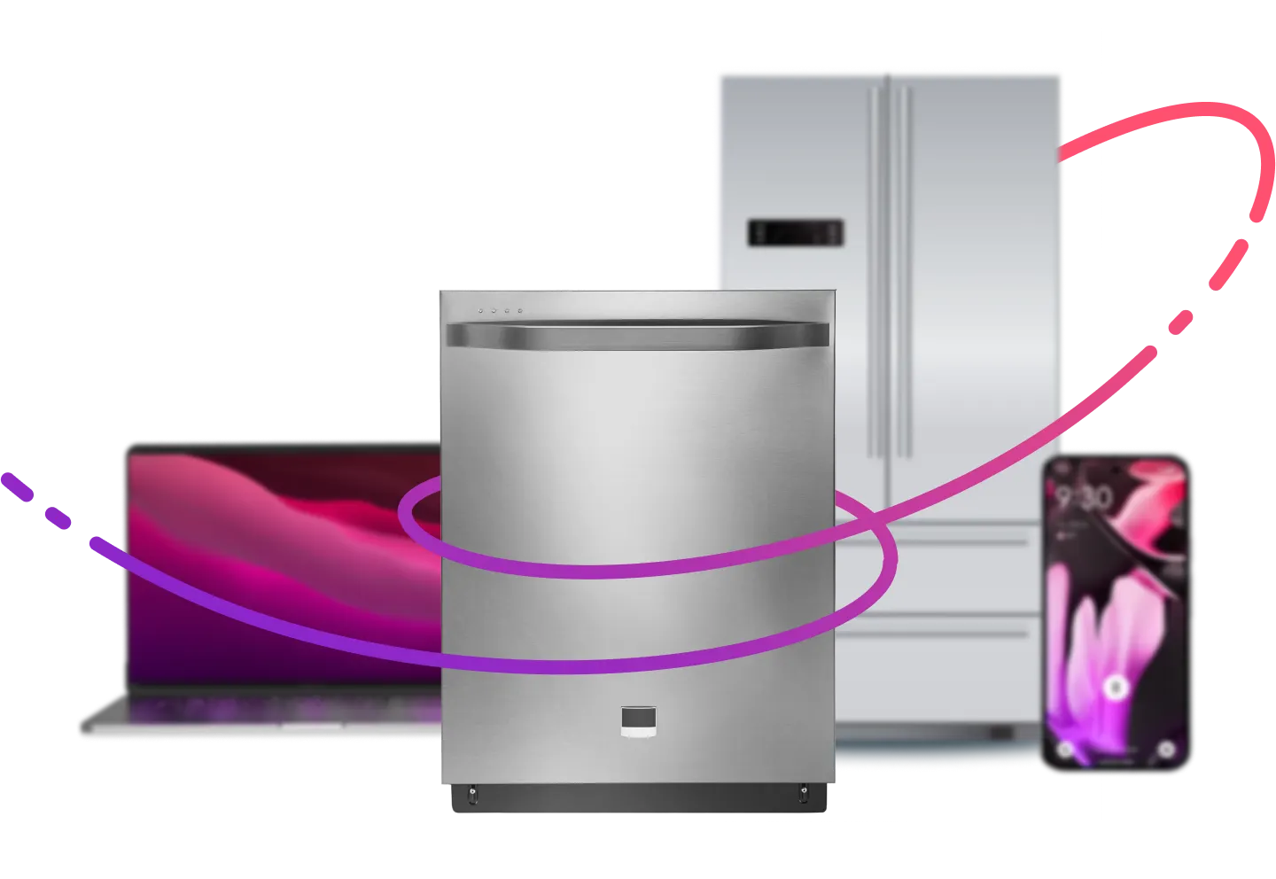 Image of a dishwasher, refrigerator, laptop, and phone all wrapped in a ribbon indicating coverage by Asurion Tech Care.