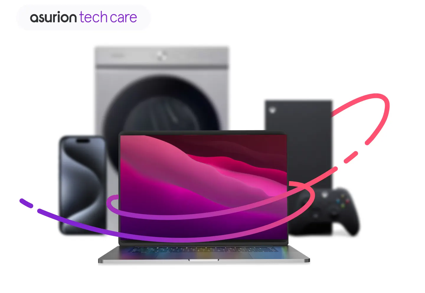 Image of phone, washing machine, game console, and laptop with ribbon.