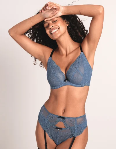 Soma Lamour Lace 32B Bra Unlined Plunge Riviera Blue New $58