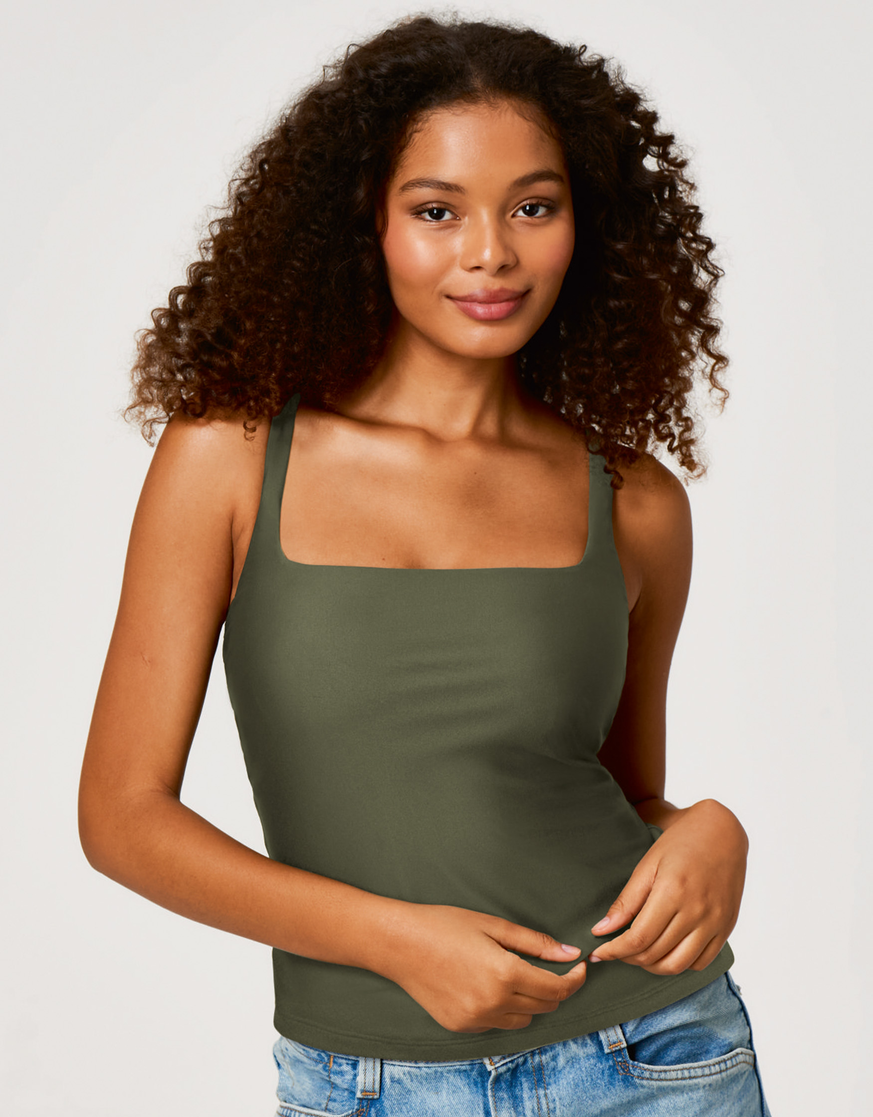 Square Neck Tank Top with Built in Bra by Bravissimo | Khaki