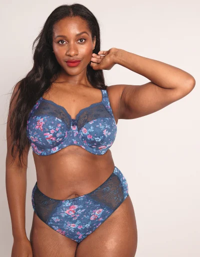 Full coverage lace bra set with high cut coordinated brief - Navy blue - Plus  Size. Colour: navy blue. Size: 40d/8