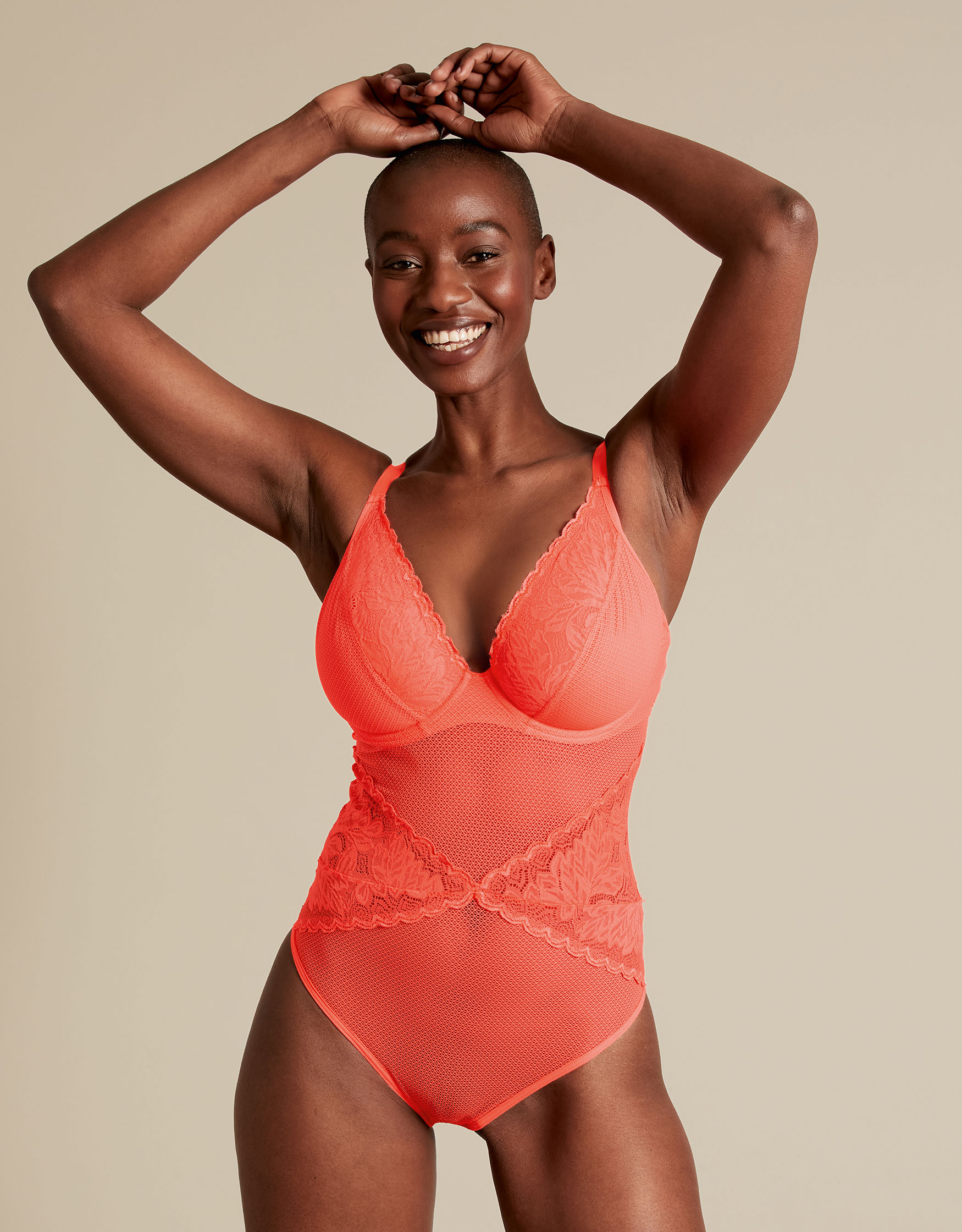 neon coral lace bodysuit