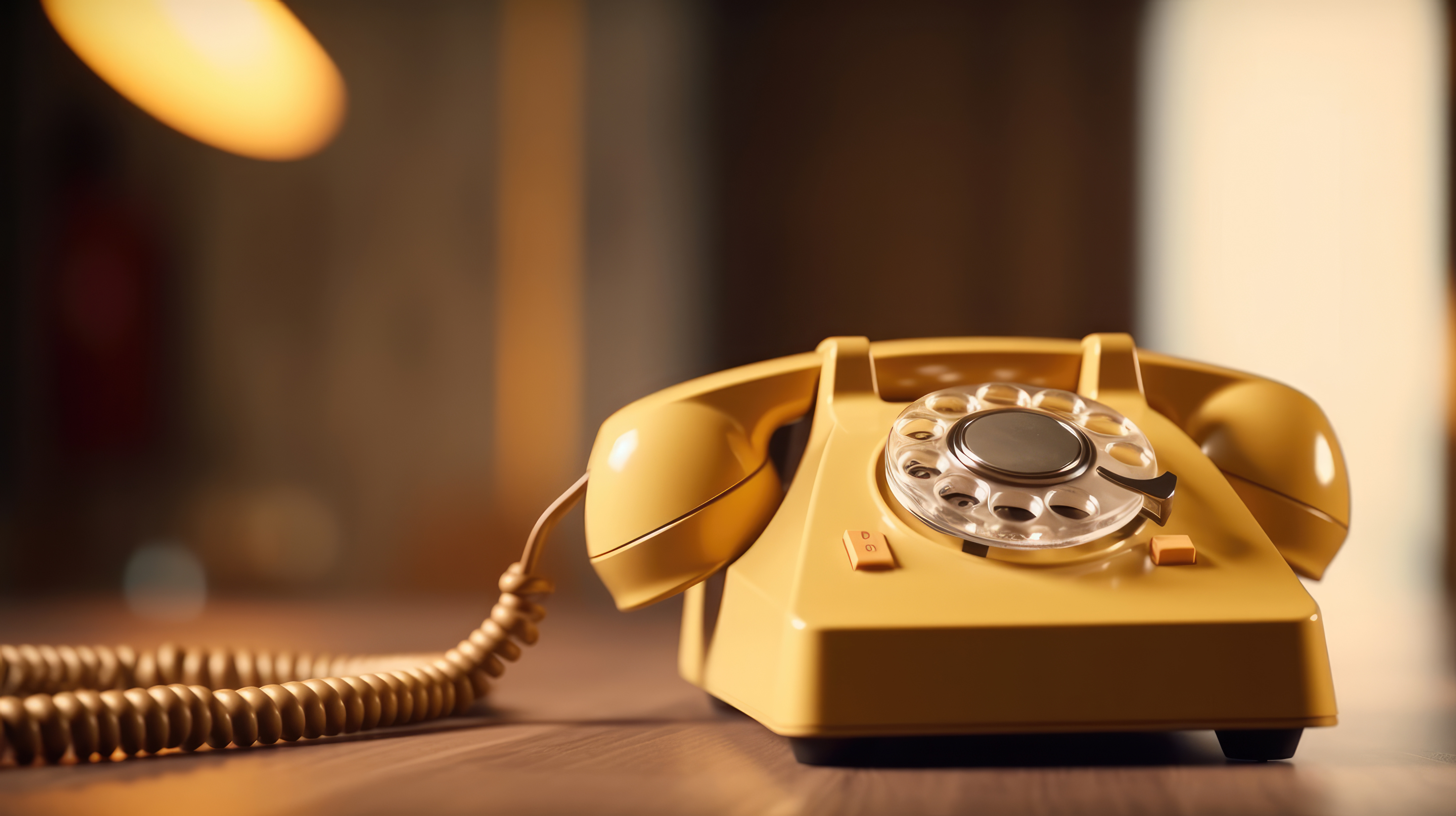 Yellow old fashioned landline telephone on desk