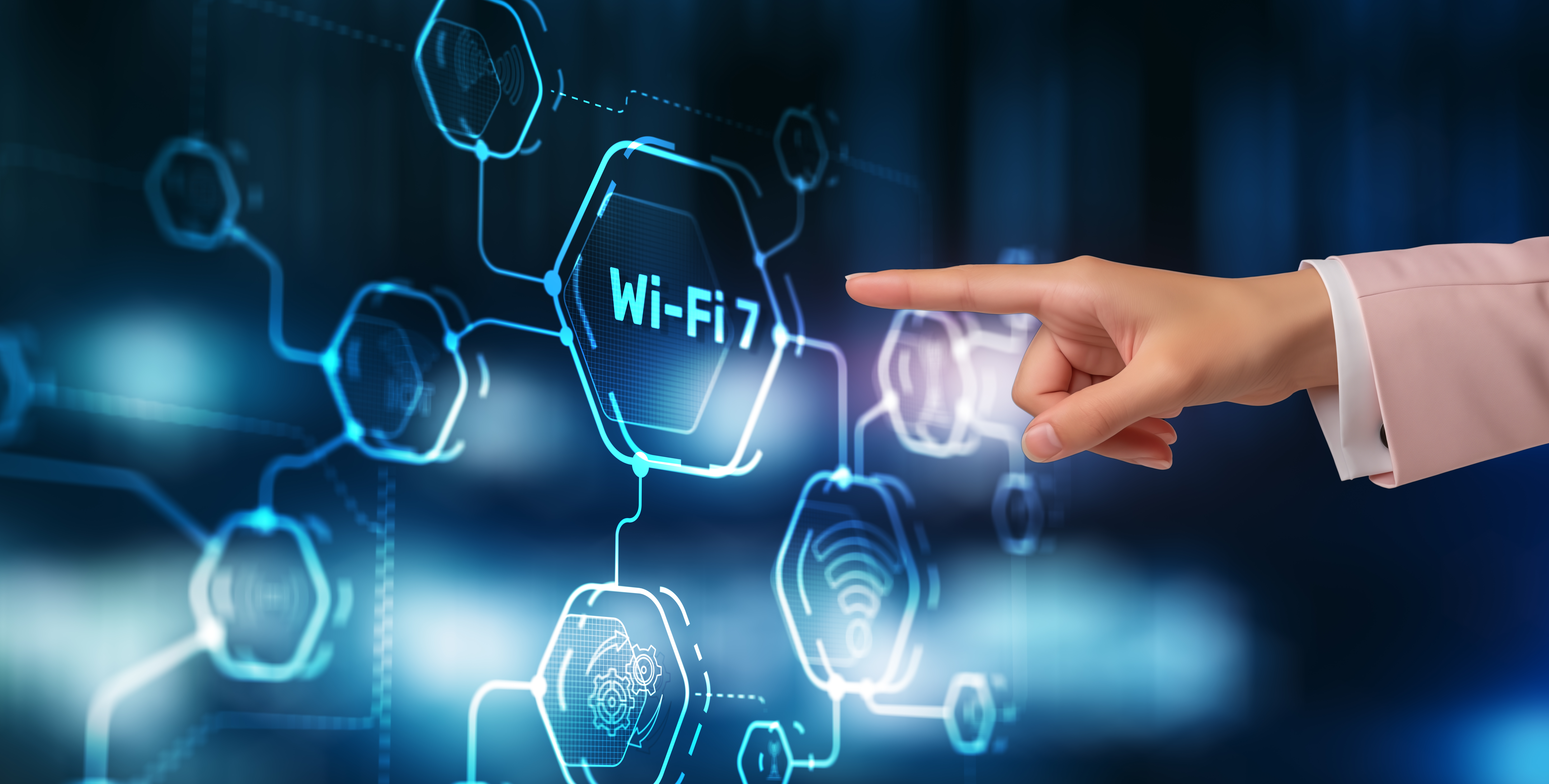 Finger pointing at wifi 7 blue technology graphic