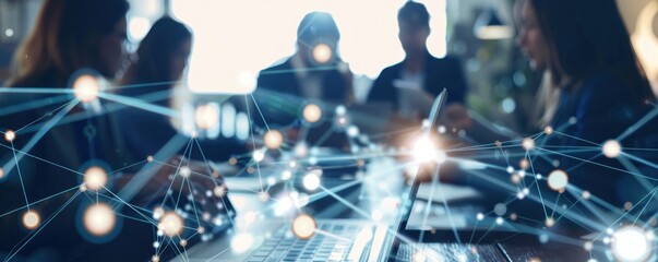 Table of workers in a meeting using laptops with an abstract network overlay