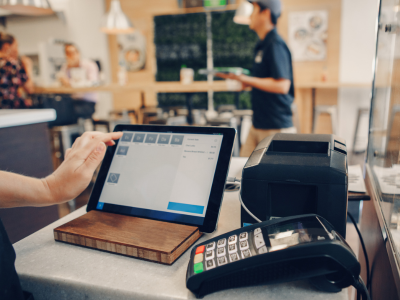 Close up of small cafeteria coffee shop worker with card machine and mobile till device