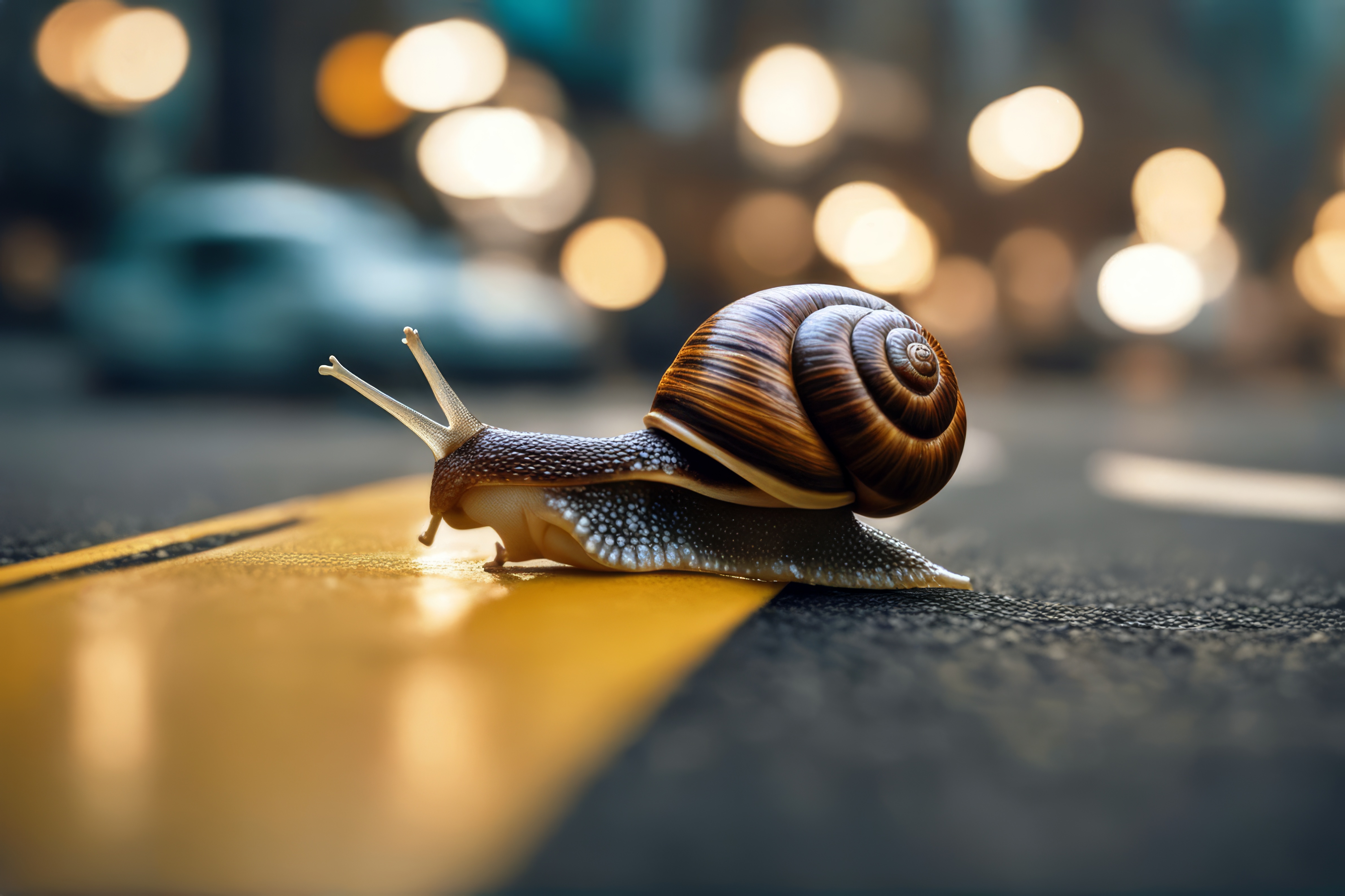 Snail crossing street with lights