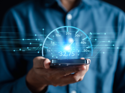A man’s hand holds mobile phone with icons showing speed test being conducted