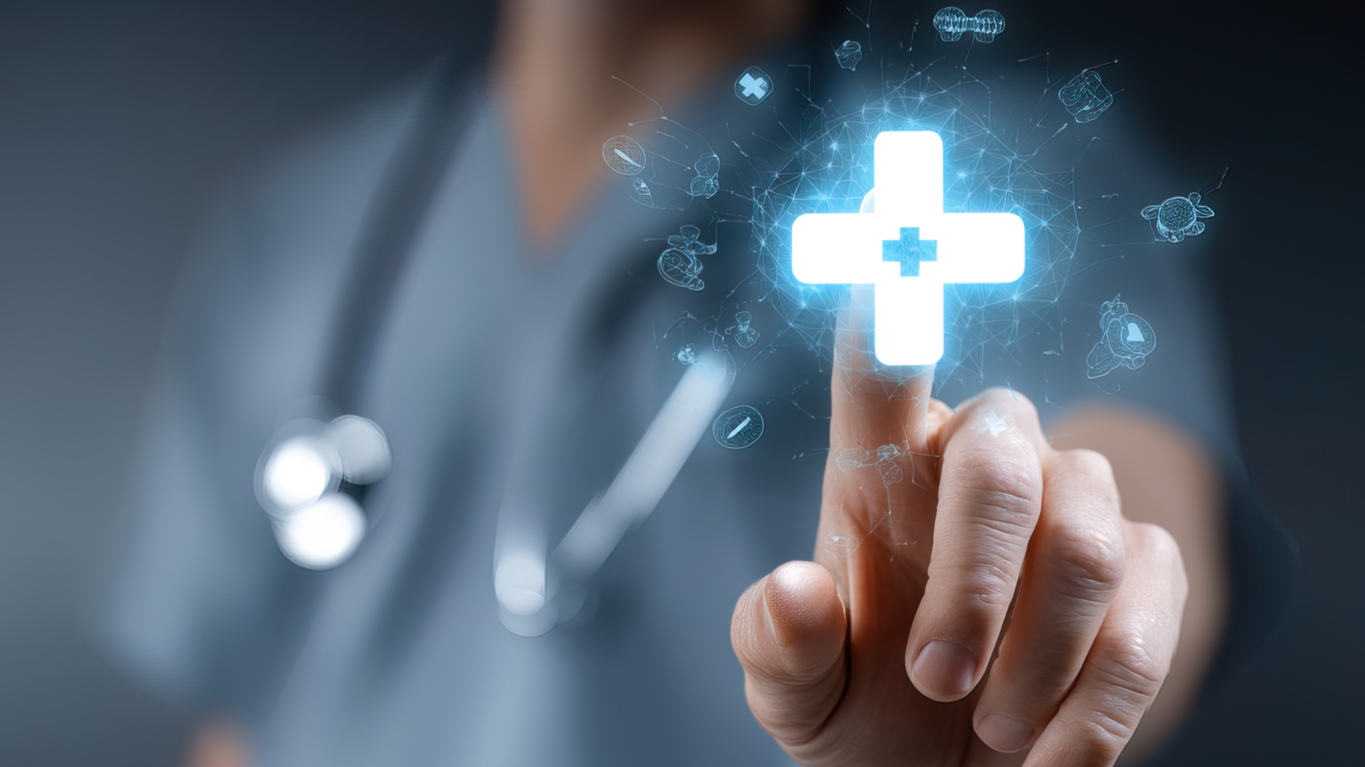 Healthcare professional interacting with digital health icons, showing innovative Healthcare SaaS technology