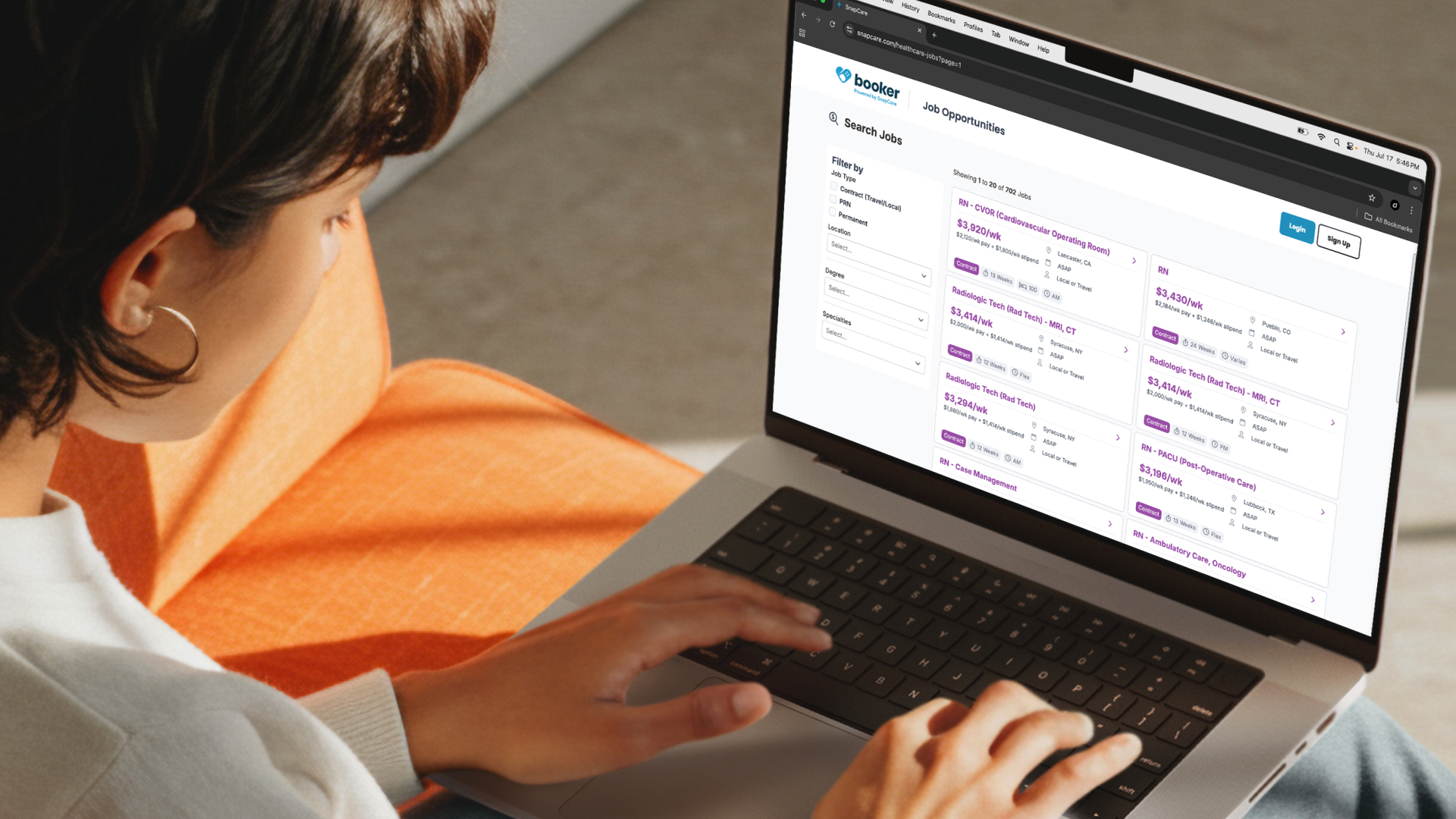 Clinician browsing healthcare job opportunities on the SnapCare Job Board