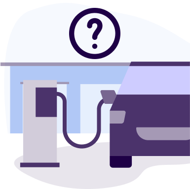 A stylized illustration of a gas station with a purple car being refueled at a light gray pump. A question mark icon appears above the scene, set against a light blue and white background, suggesting uncertainty or questions about fueling or vehicle services.