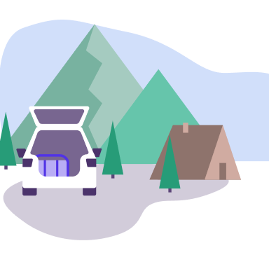 A minimalist illustration of a camping scene with a car parked next to a small cabin. In the background, stylized green mountains rise against a light blue sky. Several triangular evergreen trees dot the landscape. The scene uses a simple color palette with purple, green, brown, and blue tones, creating a peaceful outdoor setting.