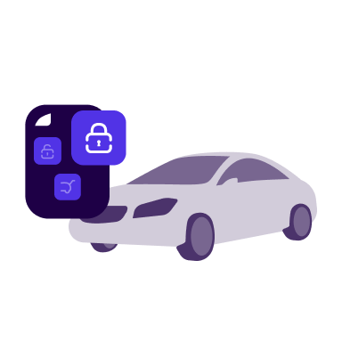 A stylized illustration of a light gray car with purple wheels alongside security icons including a padlock, key, and shield symbol on purple gradient squares, representing vehicle security or smart car technology features.