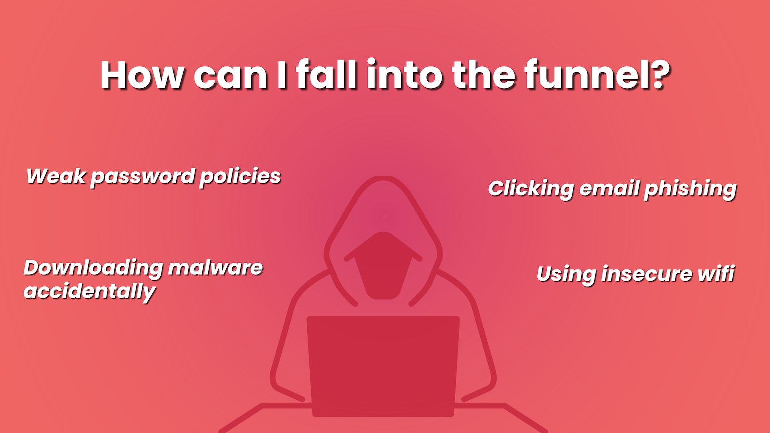 4 ways how to fall into funnel - weak password policies, email phishing, downloading malware, using insecure wifi.