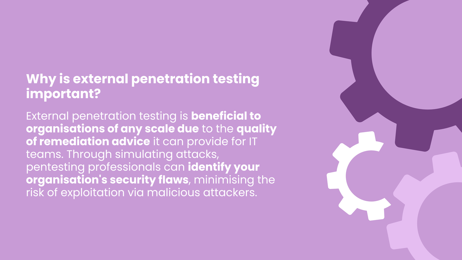 Purple background with white text explaining external penetration testing benefits, overlaid with white gear icons