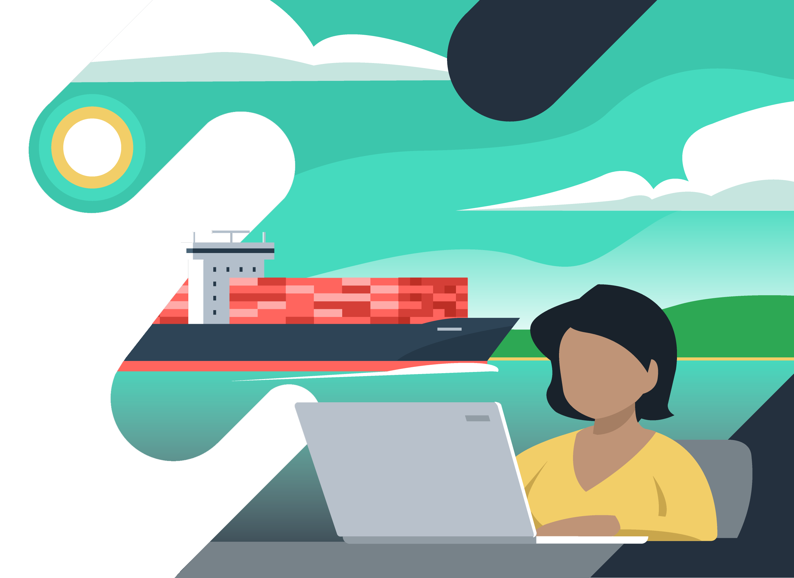 Illustration of a person focused on their mission with a shipping vessel in the background
