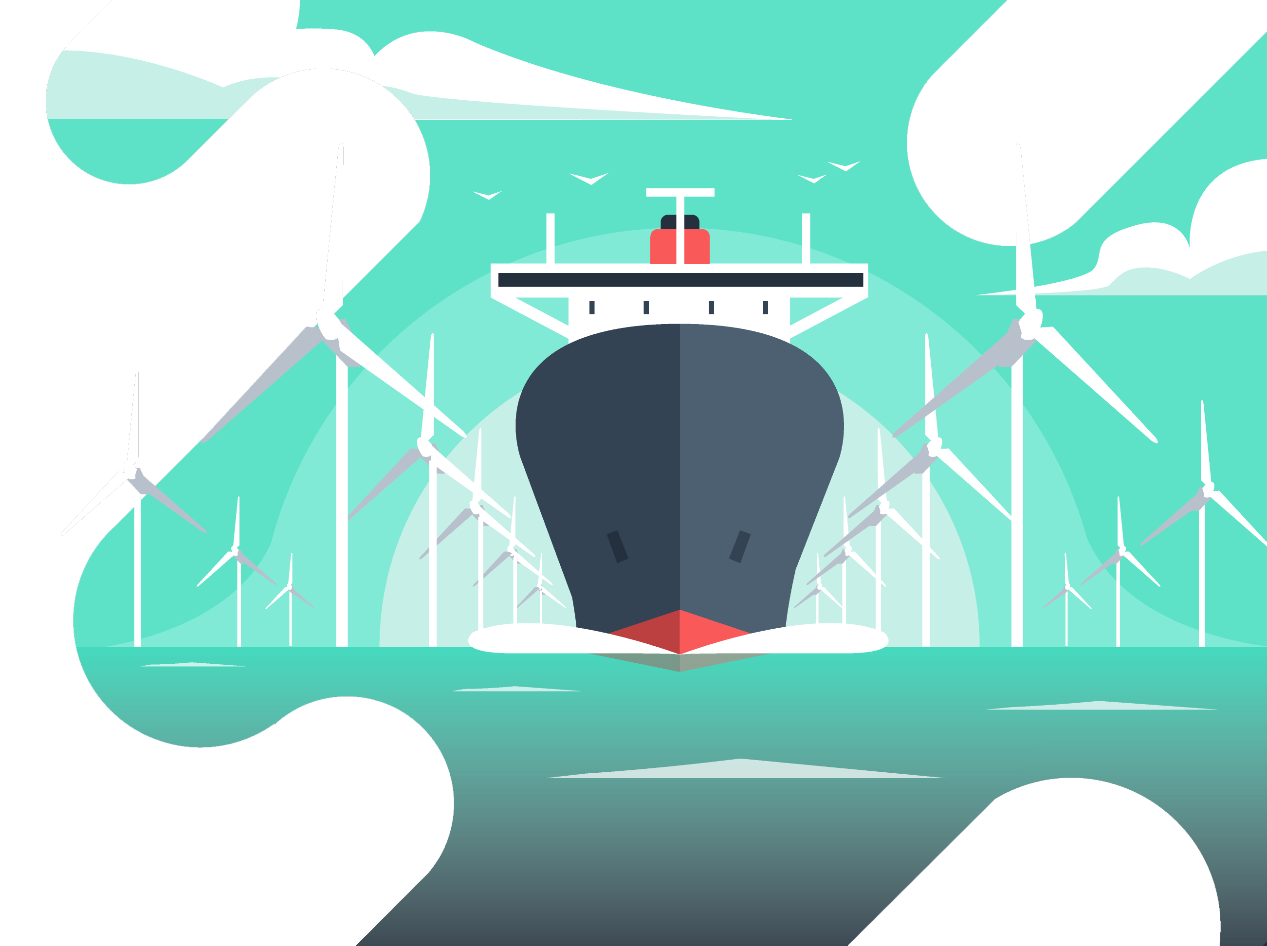 Illustration of a shipping vessel surrounded by wind turbines