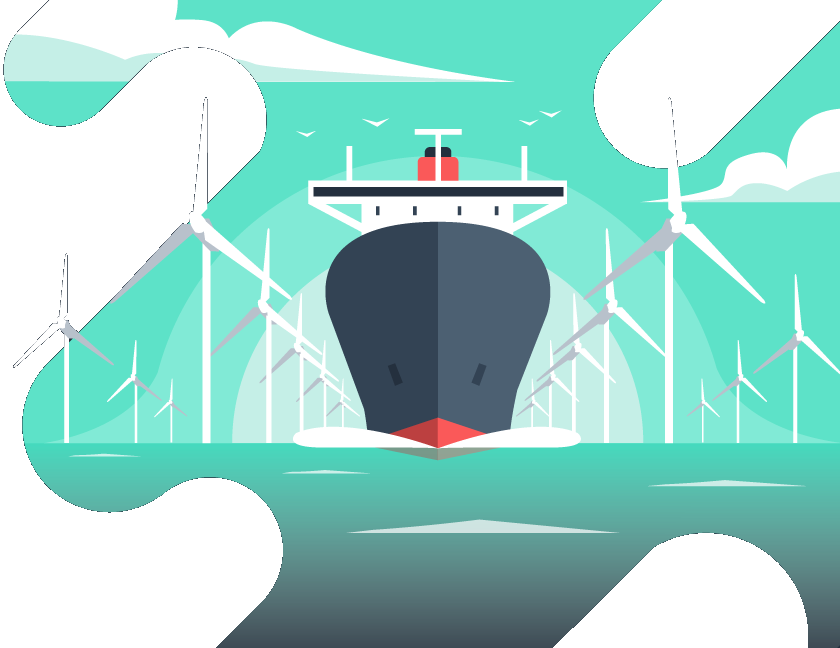 Illustration of a shipping vessel surrounded by wind turbines