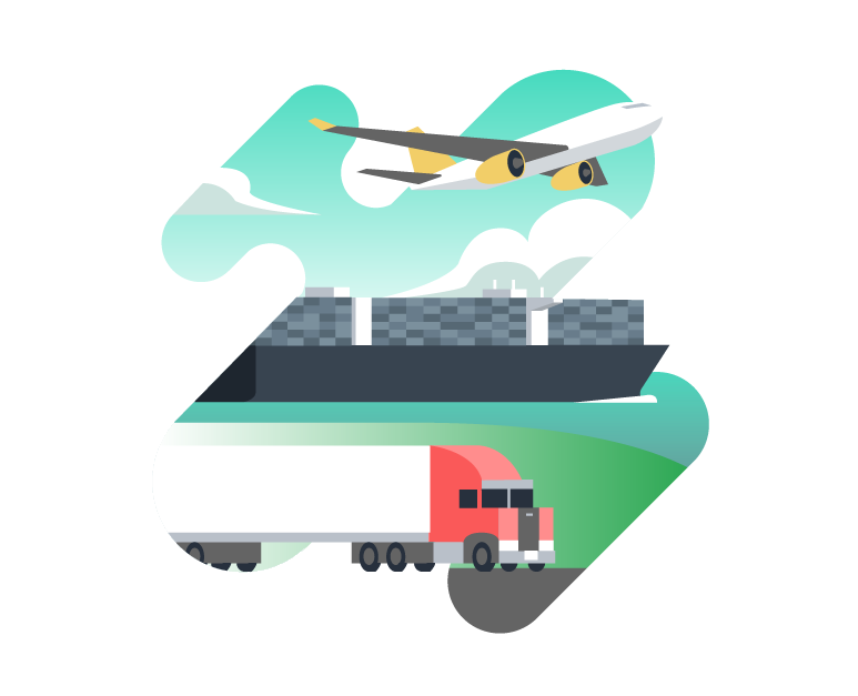 Illustration of an airplane, shipping vessel and truck delivering aid