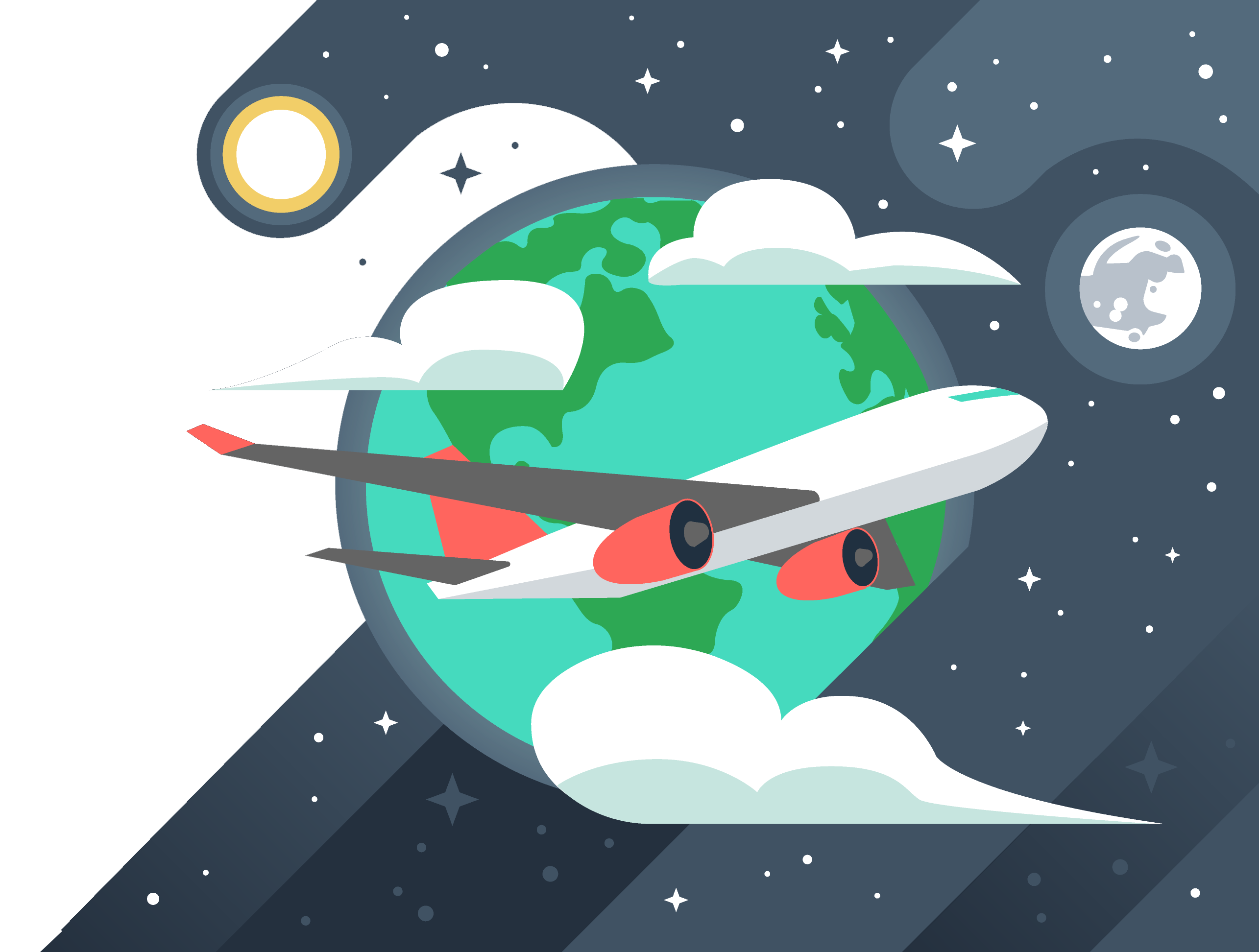 Illustration of an airplane in front of plant Earth