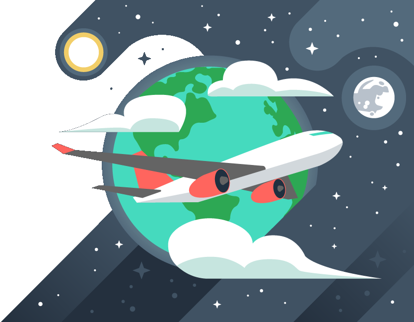 Illustration of an airplane in front of plant Earth