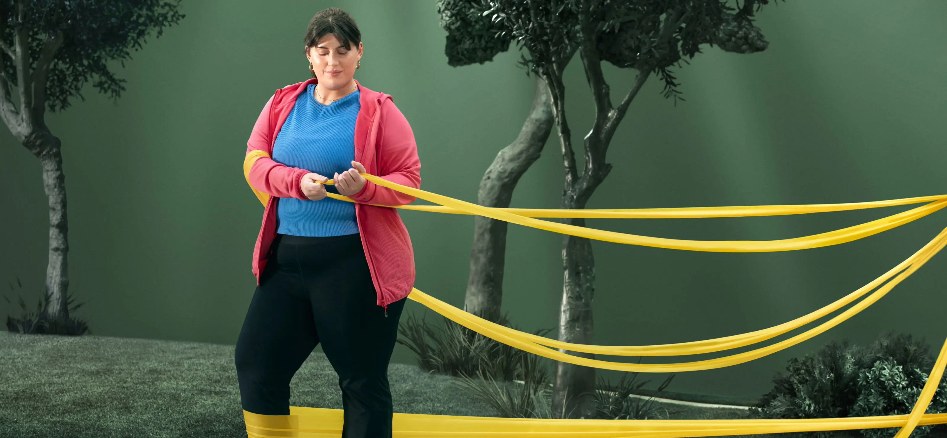 Woman with obesity, removing a slack resistance band symbolizing barriers to treatment