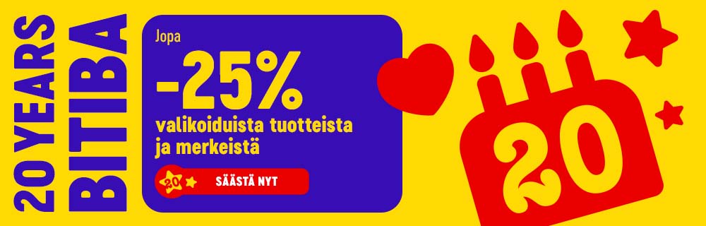 20 years bitiba. Jopa -25% valikoiduista tuotteista ja merkeistä. Säästä nyt.