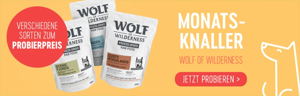 Jetzt sichern: Wolf of Wilderness gefriergetrocknetes Rohfutter 250 g zum Probierpreis - nur für kurze Zeit