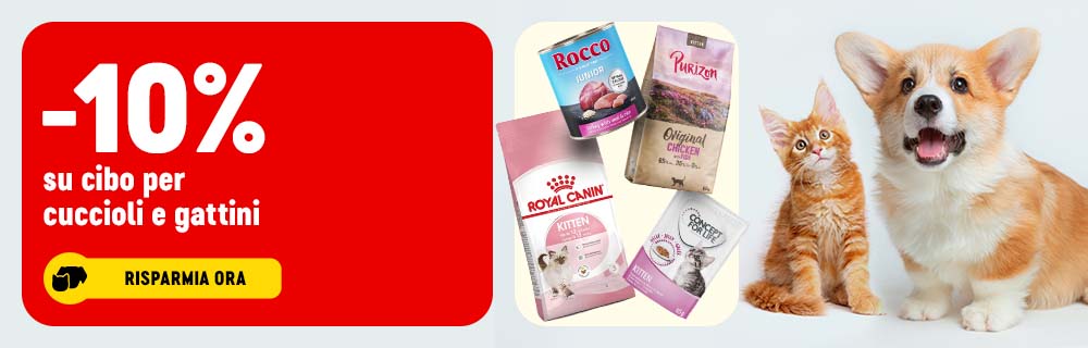 10% di sconto su cibo per cuccioli e gattini.