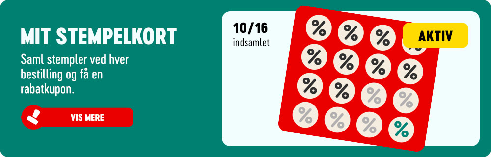 MIT STEMPELKORT Saml stempler ved hver bestilling og få en rabatkupon. VIS MERE.