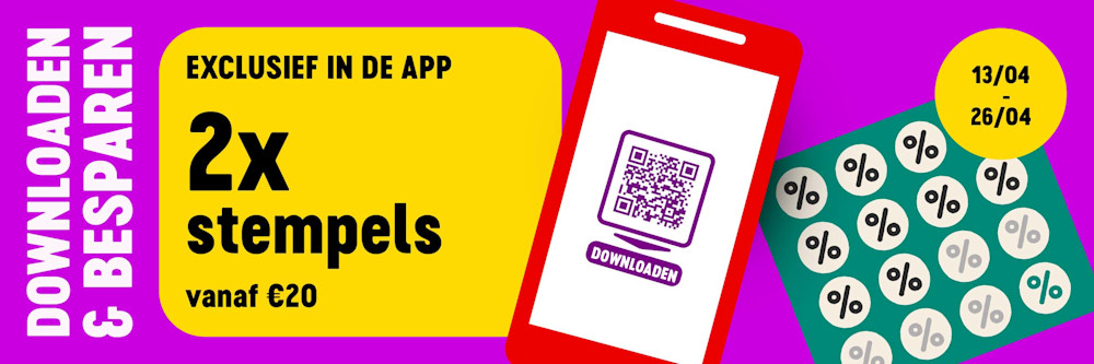 Exclusief in de app van 13 tot en met 26 april: 2 stempels vanaf €20. Download en bespaar!
