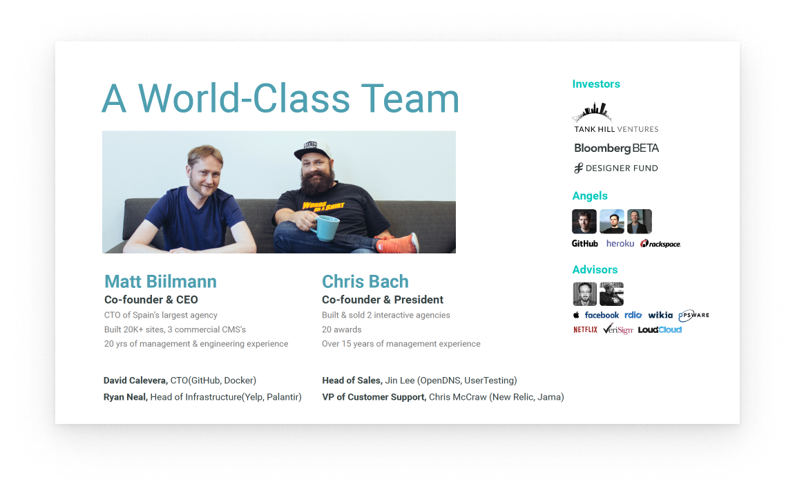 A slide from Netlify’s series A deck showing the team, now with more focus on what makes them “A World-Class Team” including photos and logos for high profile investors, angels, and advisors.