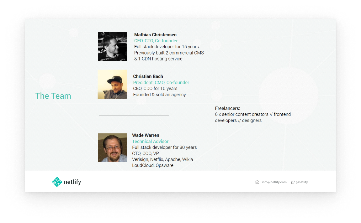A slide from Netlify’s seed deck showing the team. Three photos are highlighted, with notes detailing their deep technical expertise.